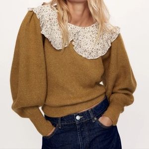 Zara Floral Pilgrim Collar Ribbed Balloon Sleeve Sweater